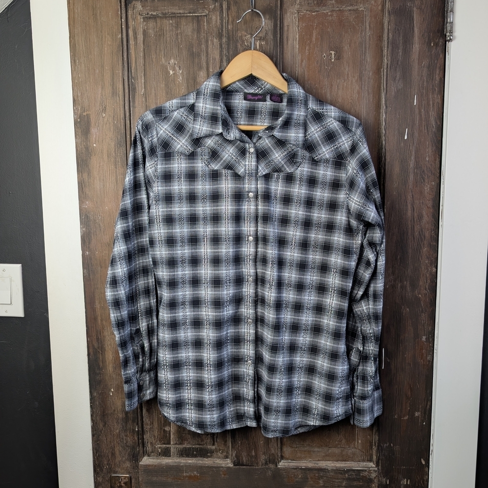Wrangler Western Pearl Snap Shirt Black Silver Plaid | Festival Cowgirl | Size L